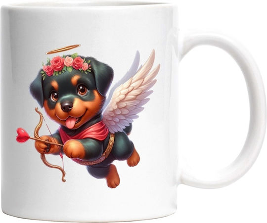 A Cheerful Flying Rottweiler Puppy Cupid Shooting An Enchanted Arrow, Valentine's Day White Ceramic Mug 330ml (Personalized)
