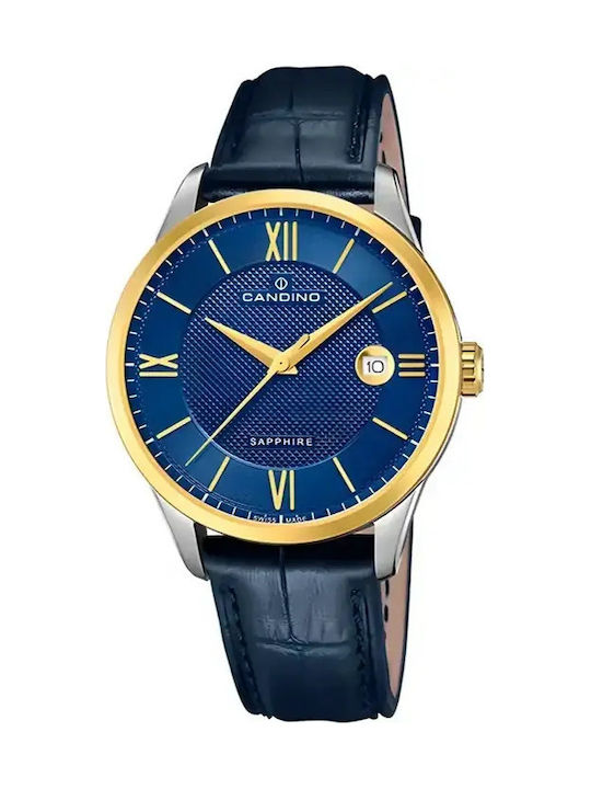 Мъжки Часовник 41 mm На Батерия със Синя Кожена Каишка