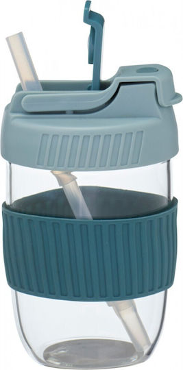 Excellent Houseware Blue Glass Drinking Cup with Straw 350ml