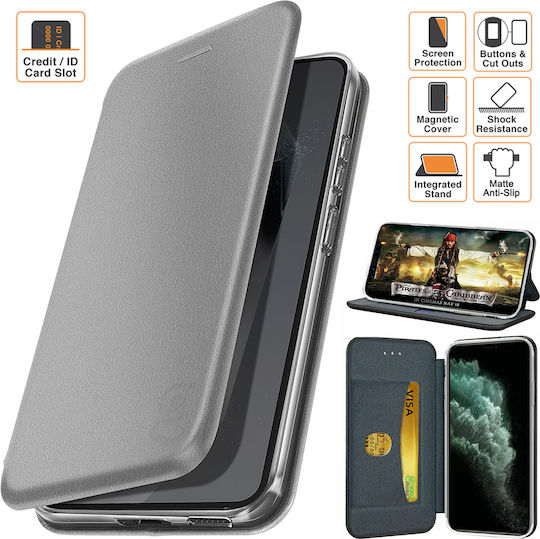 Husă tip carte pentru Motorola Moto G24 Power cu închidere magnetică, buzunar pentru card, funcție stand, piele ecologică, căptușeală din microfibră, argintie