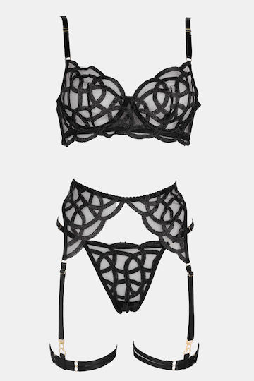 Set de Lenjerie Intimă Transparent Jartiere și Mănuși Negre