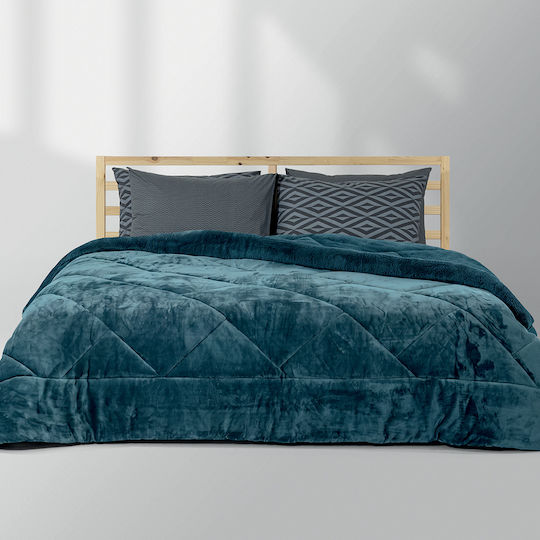 Lino Home Double Sherpa Comforter 220x220cm Erba Petrol Blue 180 GSM