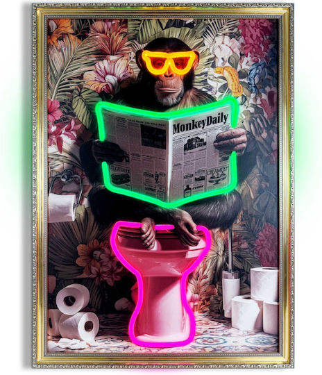 "Monkey Toilet Break" Painting with Neon LED Lighting 50x70 cm