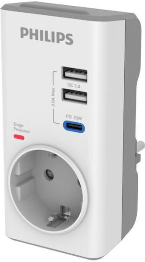 Philips Chp8010w/grs Μονόπριζο με USB-A και 1 USB-C