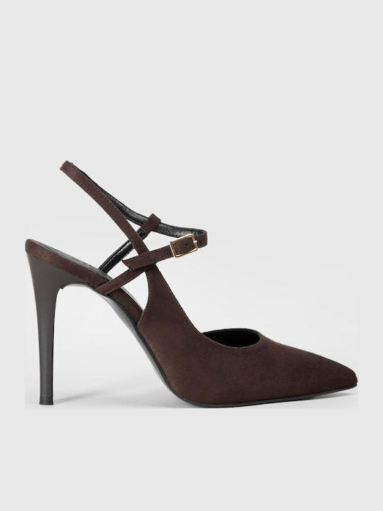 Brown Suede Pointed Toe Heels with Strap