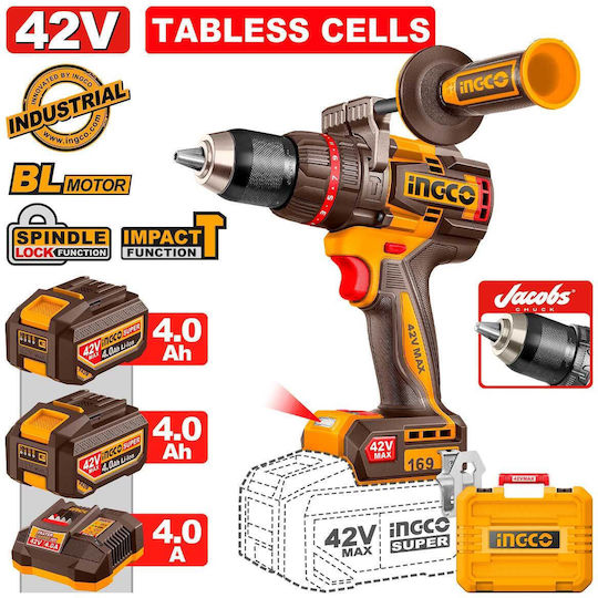 Ingco CIDLI4216982 Ударна Акумулаторна Бормашина-Винтоверт 42V 2x4Ah