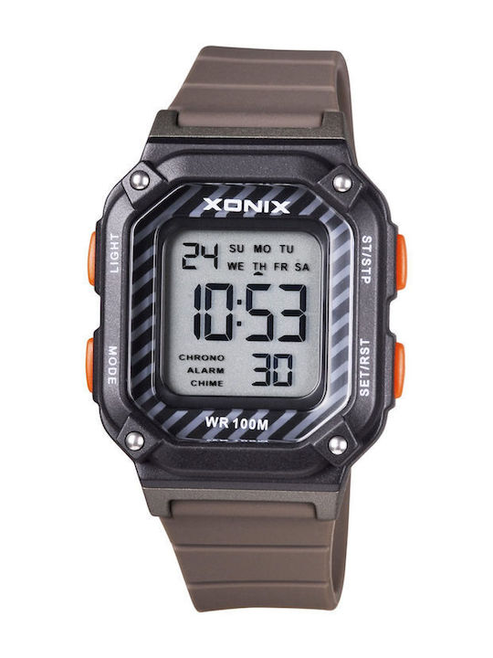 Digital Men's Quartz Chronograph Watch with Brown Silicone Strap