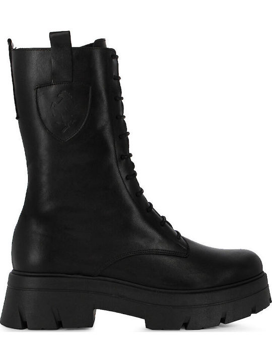 Black Leather Women's Combat Boots with Medium Heel